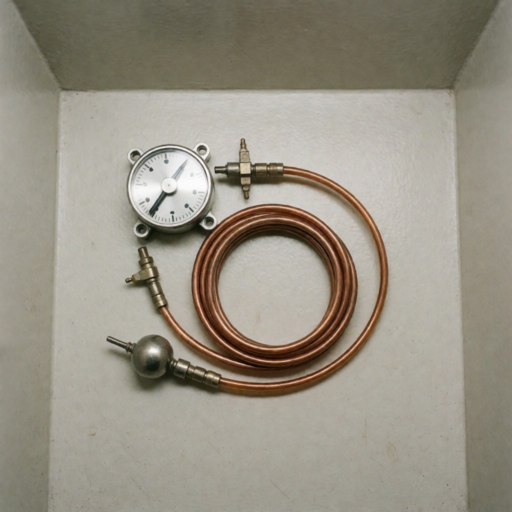 Capillary thermostat with copper tube and metal bulb on white background, a component for refrigerator repair