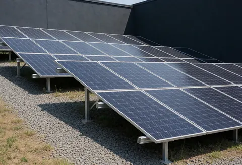 Photovoltaic solar panels mounted on a gravel surface with dark walls under direct sunlight, suitable for solar repair businesses.