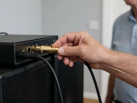 Close-up of a hand plugging a gold XLR cable into a black audio interface with blurred speakers in the background