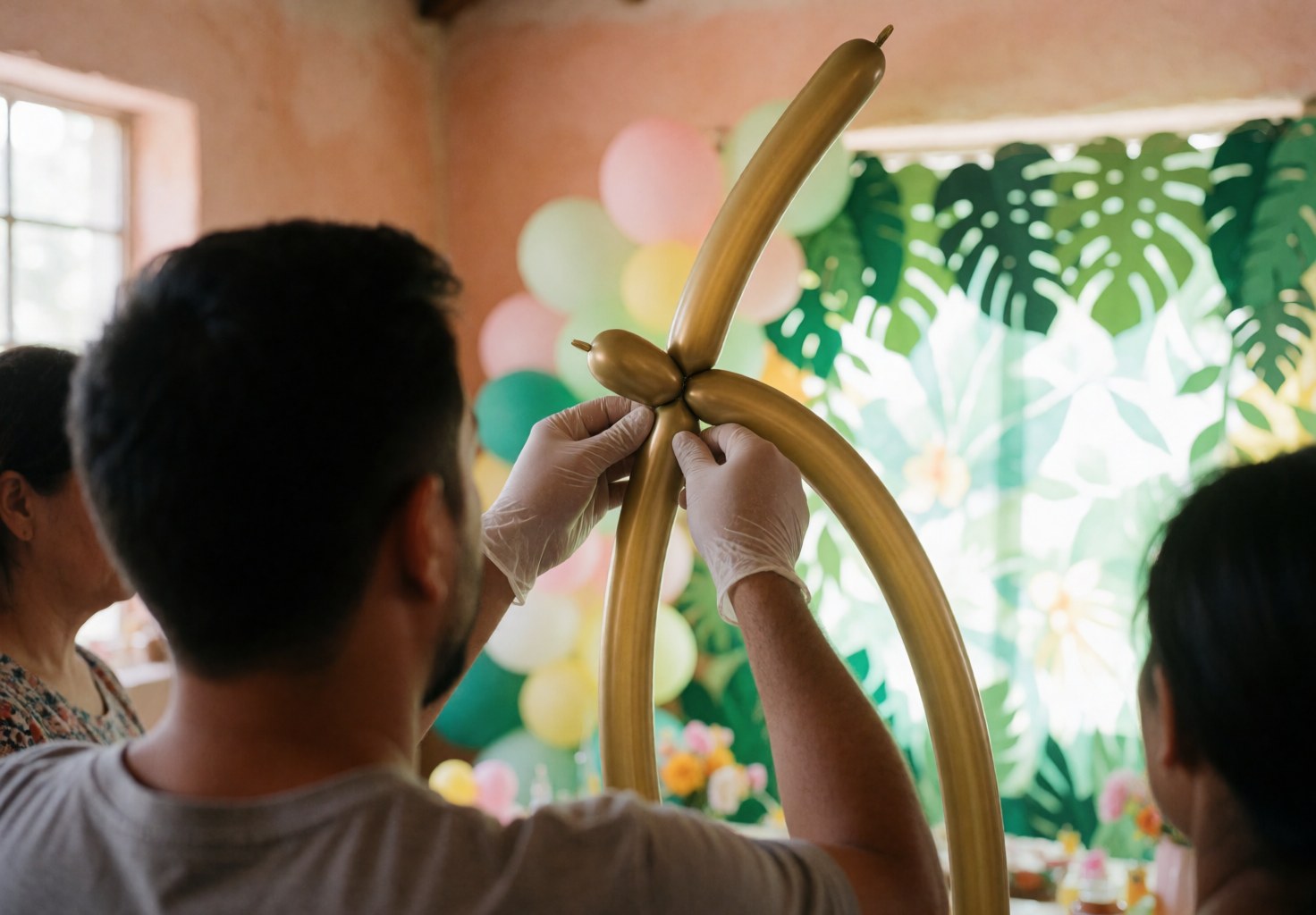 An event decorator wearing gloves shapes a gold balloon during a tropical party with terracotta walls and green leaf curtains.