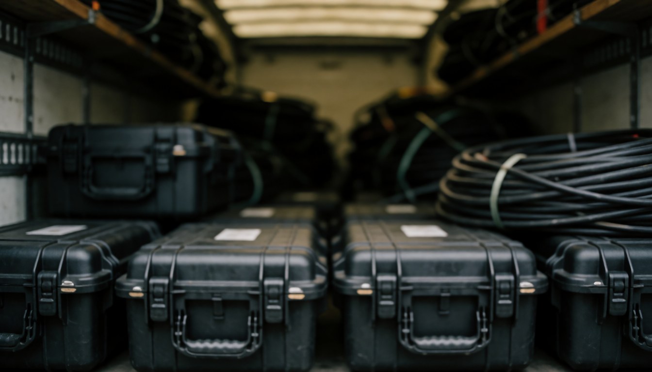Interior view of a truck containing black equipment boxes and coiled cables with a blurred background suitable for text overlay and professional event lighting.
