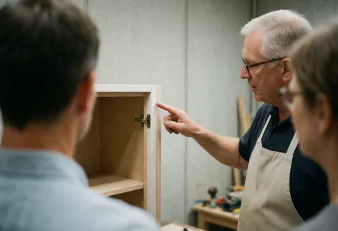 Carpenter in apron and glasses points to corner of restored furniture while explaining care tips to clients in workshop with concrete walls
