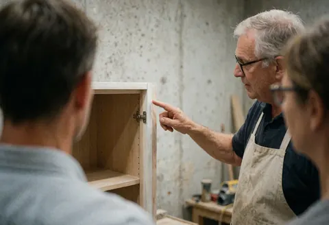 Carpenter in apron and glasses points to corner of restored furniture while explaining care tips to clients in workshop with concrete walls