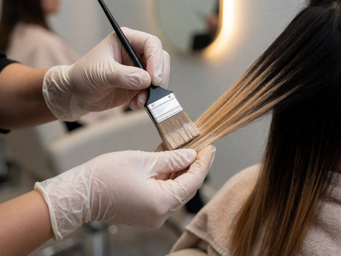 Close-up of gloved hands using a brush to apply hair dye in a salon with warm lighting and a blurred background