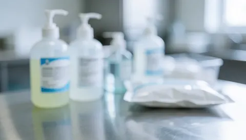 Antiseptic bottles and sterile wraps on a metal surface with bright professional lighting, ideal for text overlay.