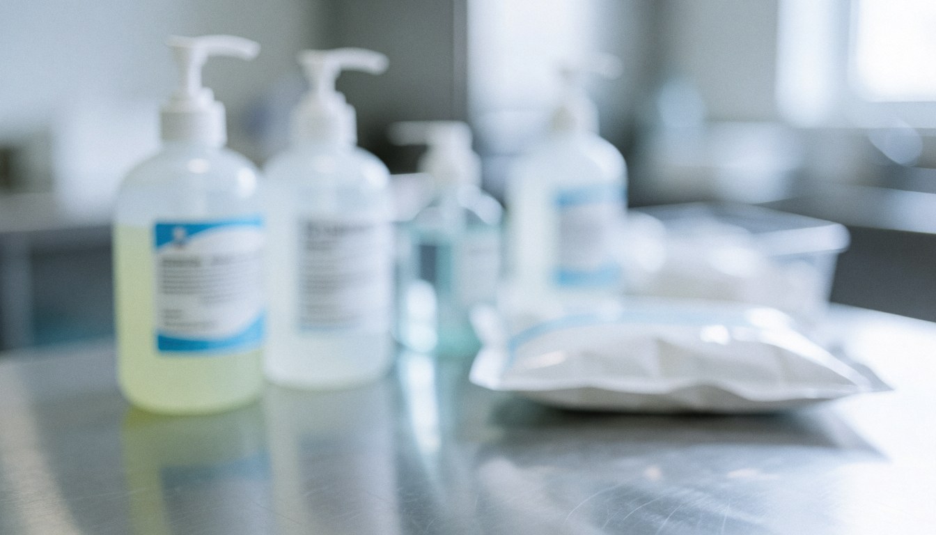 Antiseptic bottles and sterile wraps on a metal surface with bright professional lighting, ideal for text overlay.