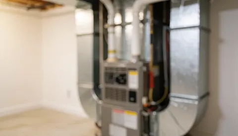 Background of a basement with a newly installed heating boiler, ducts, and neutral walls, ideal for advertising text overlays.