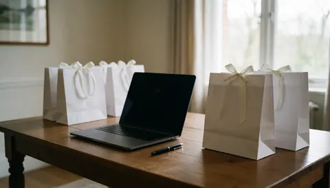 Closed laptop, black pen, and white gift bags on a wooden table with soft natural light, ideal for event backgrounds