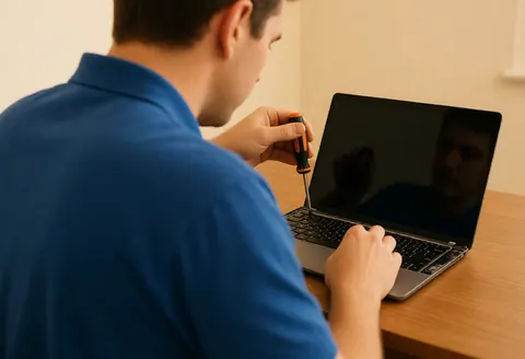 Repair technician using a screwdriver to fix an open laptop on a wooden table in a workshop with beige walls and warm lighting