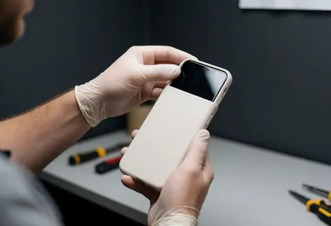 A technician wearing gloves carefully places a mobile phone into a white protective case within a workshop setting featuring tools and soft professional lighting.