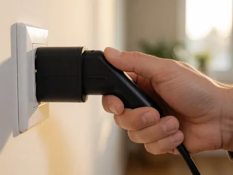 Close-up of a hand connecting a black charger to a white wall socket with warm ambient lighting, highlighting a functional repair scene.