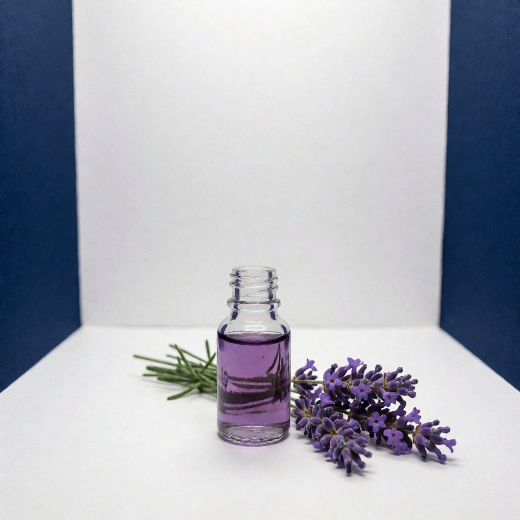 Glass bottle of lavender essential oil and fresh lavender sprigs on a white surface with a dark blue background and professional lighting