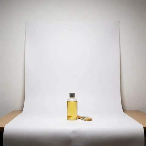 Clear bottle containing golden hair oil and a natural bristle brush on a white background for hair care products