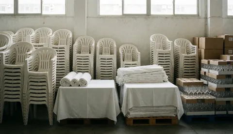 Stacked white chairs, rolled blankets, and glassware boxes in a well-lit event warehouse with high windows, ideal for text backgrounds.