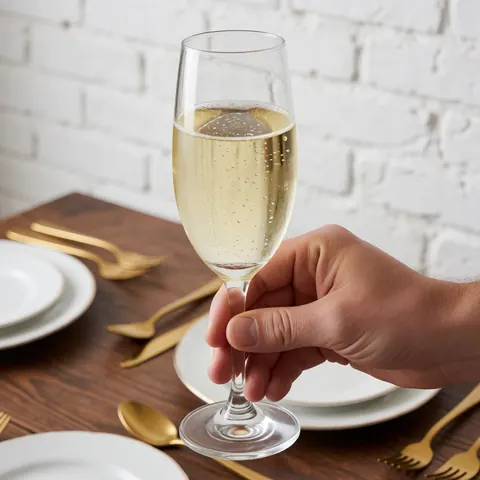 Close-up of a hand holding a champagne flute with bubbles on a table set with white plates and gold cutlery against a white brick wall.