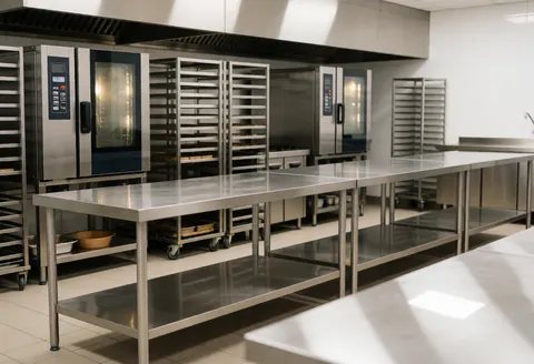 Clean and organized professional kitchen featuring stainless steel prep tables, industrial ovens, and tray racks for catering preparation.