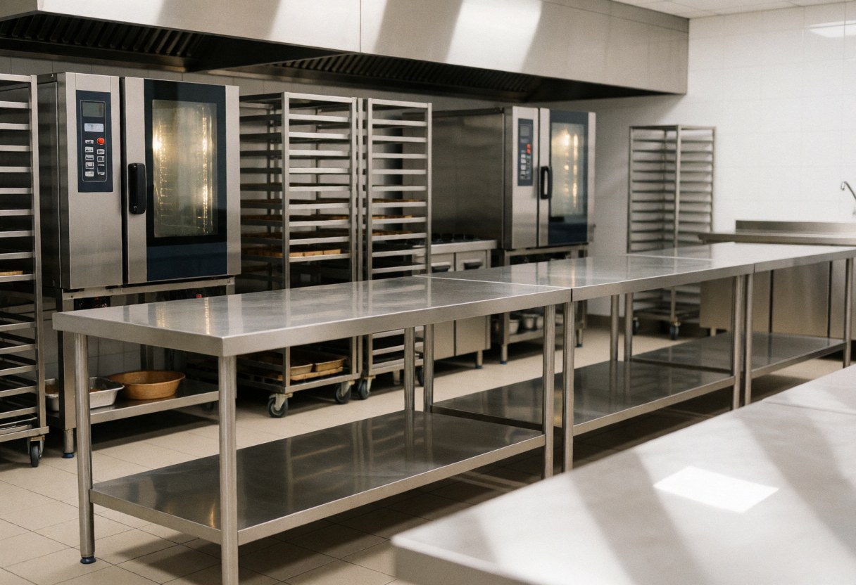 Clean and organized professional kitchen featuring stainless steel prep tables, industrial ovens, and tray racks for catering preparation.