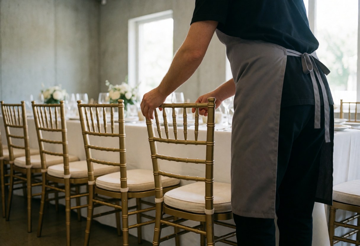 A worker adjusts a gold chiavari chair with a cream cushion on a long banquet table in a concrete room with natural light