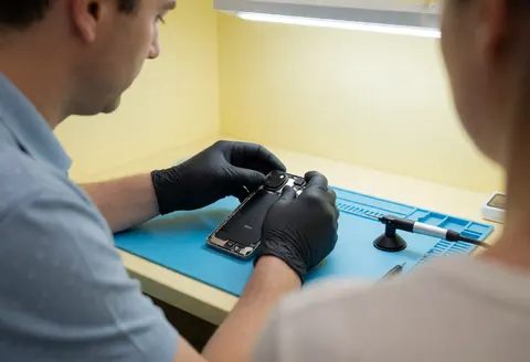 Technician wearing black gloves installs a rear camera module on a smartphone on a blue workbench with a suction tool nearby