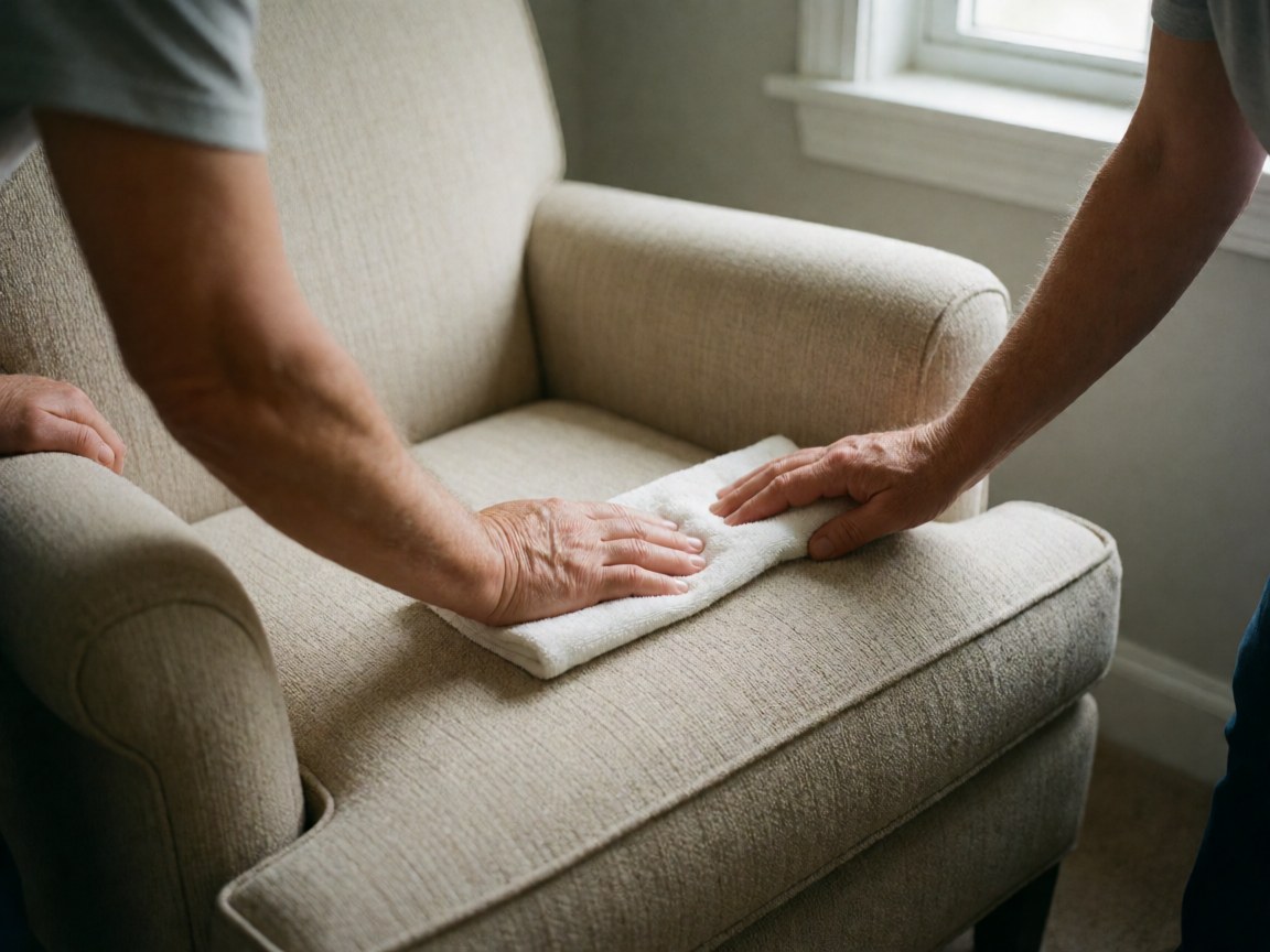 Close-up of hands wiping a beige armchair seat with a white cloth near a window with natural light and a gray wall background