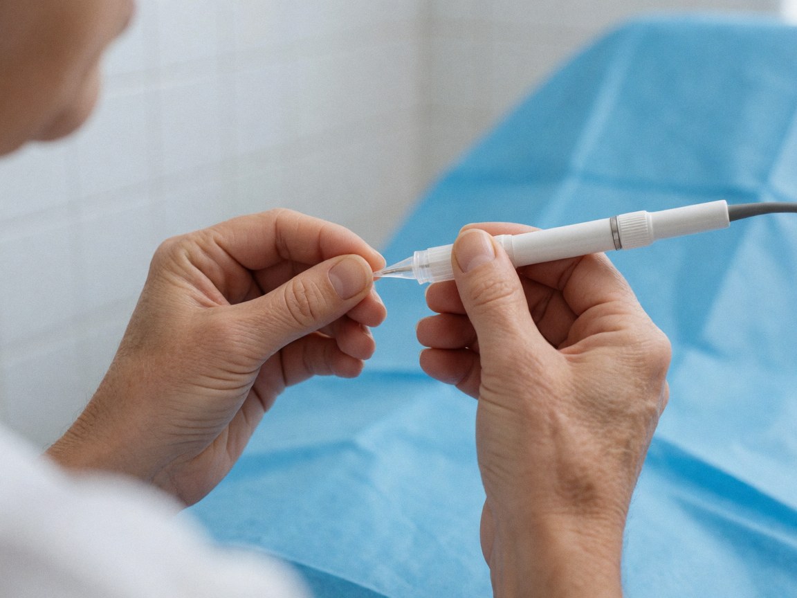 Close-up of hands applying anesthetic gel to a dermabrasion instrument on a sterile blue drape in a clinical setting