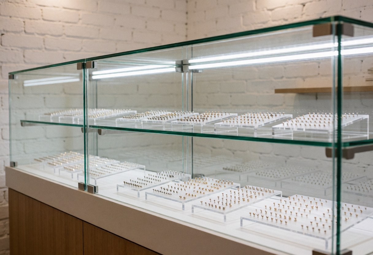 Glass display case with organized tattoo jewelry on shelves, white brick wall, professional lighting, clean and tidy environment for clients