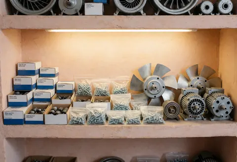 Shelf with organized fan parts and screws under warm light against terracotta plaster walls for fan repair business