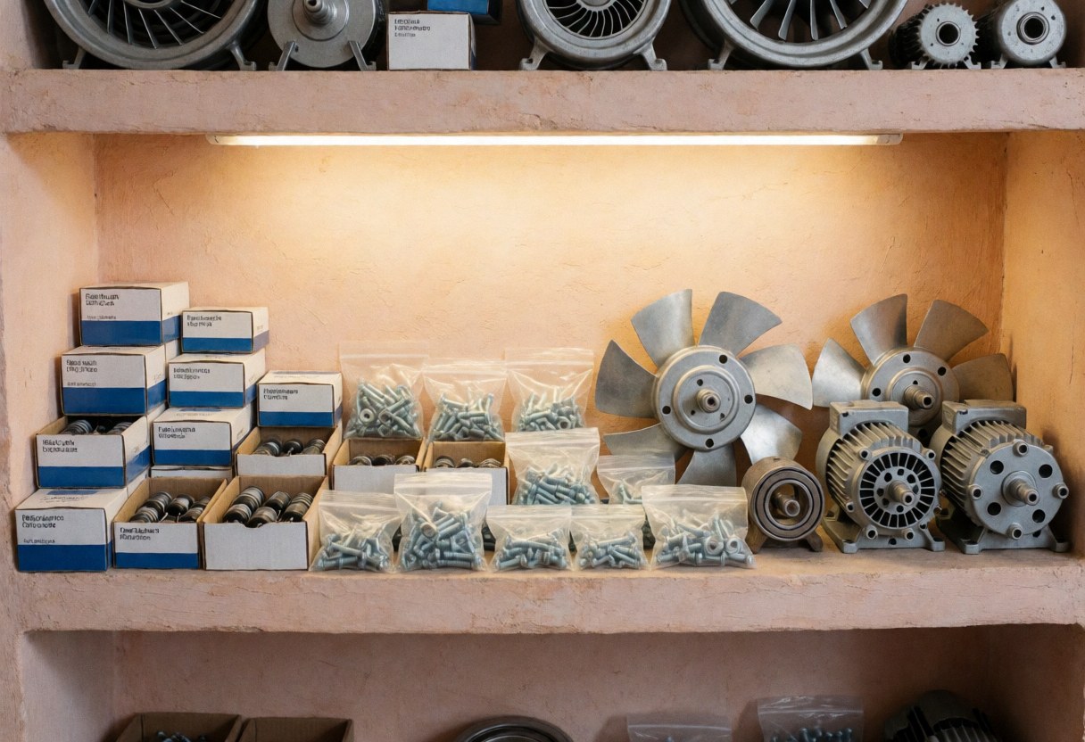 Shelf with organized fan parts and screws under warm light against terracotta plaster walls for fan repair business