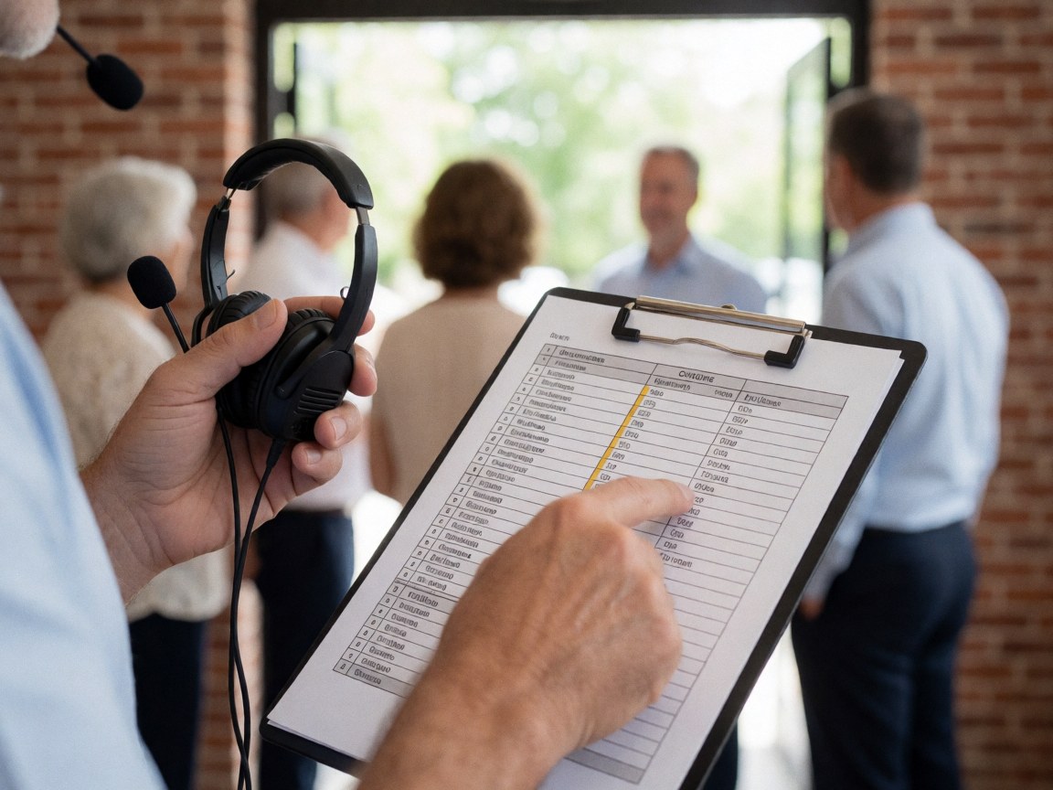 Close-up of a coordinator's hand holding a headset and checklist, with blurred guests and brick wall in the background.
