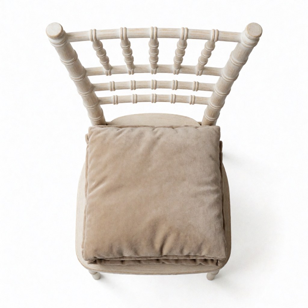 Top view of a light wood Chiavari chair with a beige velvet cushion on a white background, ideal for banquet and event decor