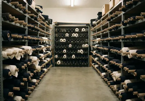 Fabric storage area featuring metal shelves stacked with dark and light fabric rolls, concrete flooring, and warm lighting.