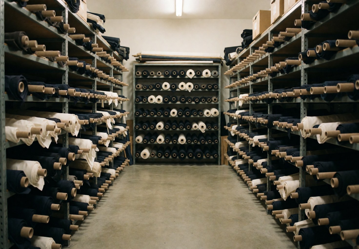 Fabric storage area featuring metal shelves stacked with dark and light fabric rolls, concrete flooring, and warm lighting.
