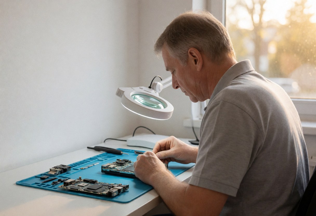 Technician repairing a cell phone motherboard with a magnifying lamp on an anti-static surface in a clean, well-lit workshop.
