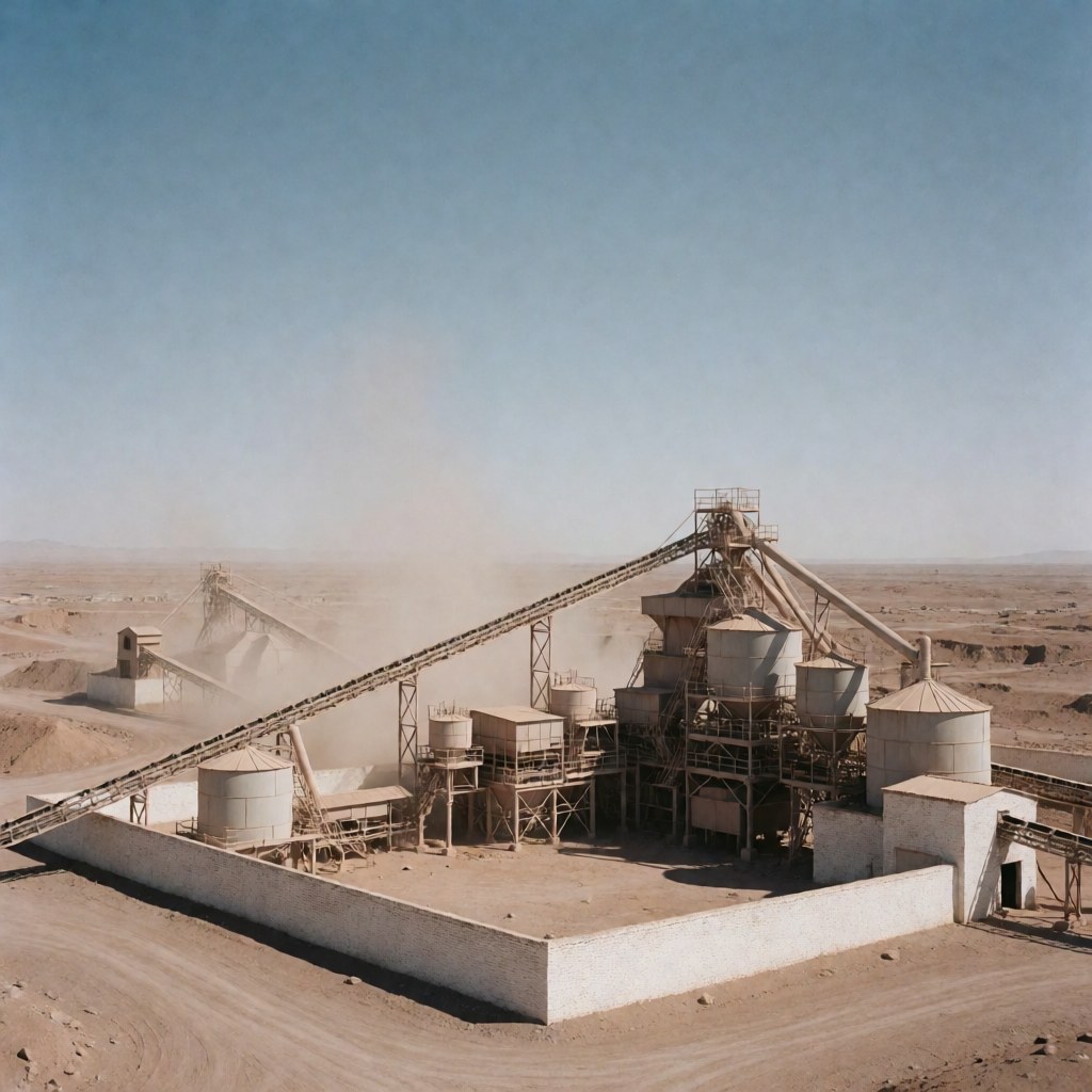 Industrial copper concentration facility in the Atacama desert featuring silos, conveyor belts, and arid landscape under a clear sky