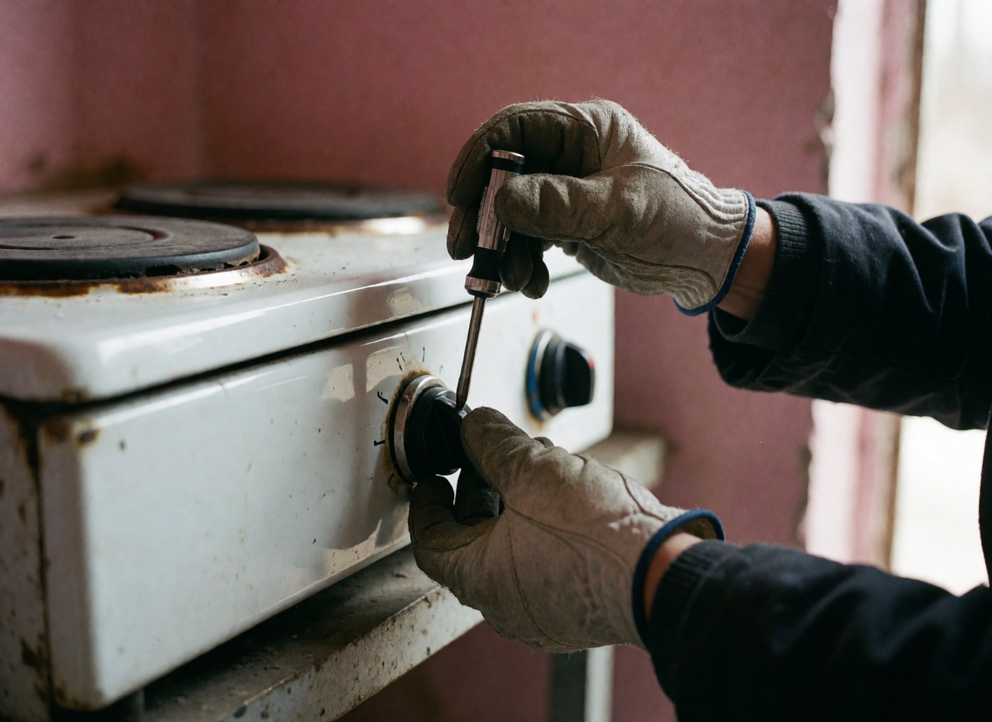 Gloved hands using a tool to adjust the control knob of a rural stove against a pink wall with natural light