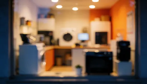 Soft focus background of an appliance shop featuring white and black appliances against orange and blue walls with warm lights, suitable for text overlay