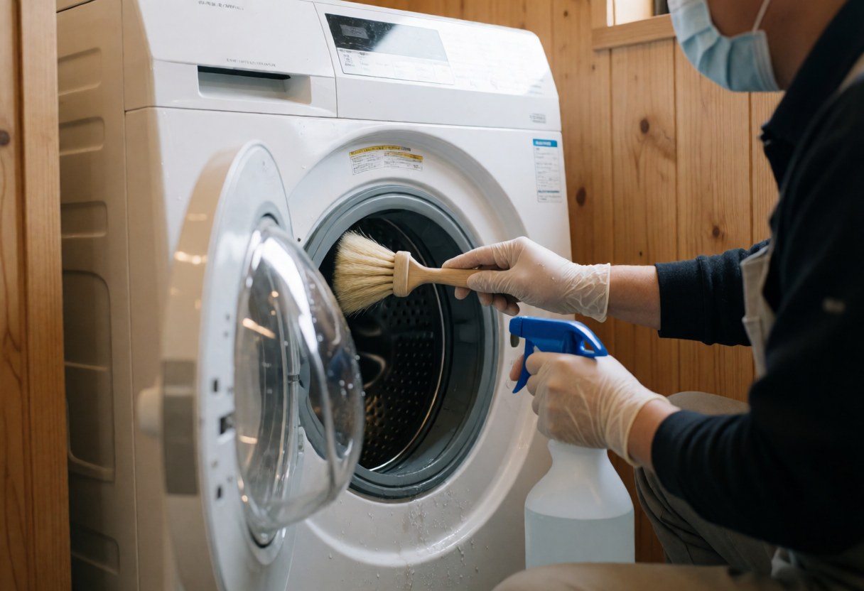 A technician wearing gloves and a mask cleans the interior rubber seal of a washing machine using a brush and spray in a room with wooden walls.