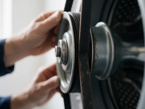 Close-up of technician hands adjusting a worn black transmission belt on a metal pulley inside a washing machine against a blurred white background.