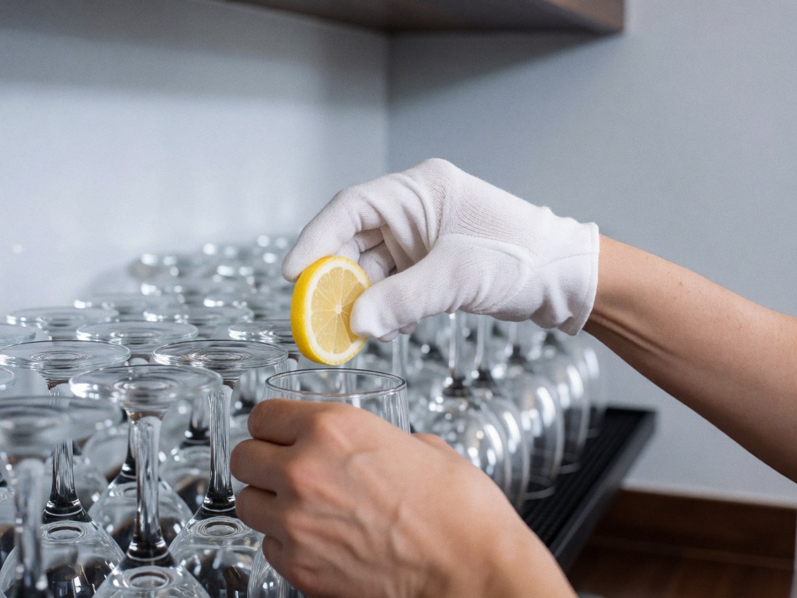 Close up of a white gloved hand placing a lemon slice into a clear bar glass with wine glasses in the background