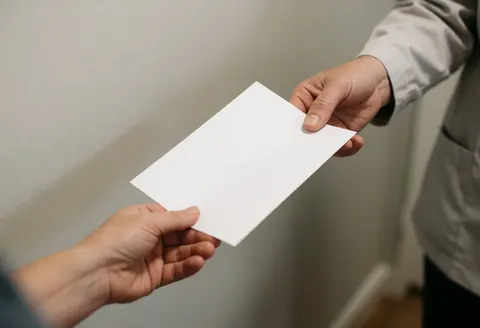 Close-up of a professional in uniform handing a white invoice to a customer during an appliance repair service.