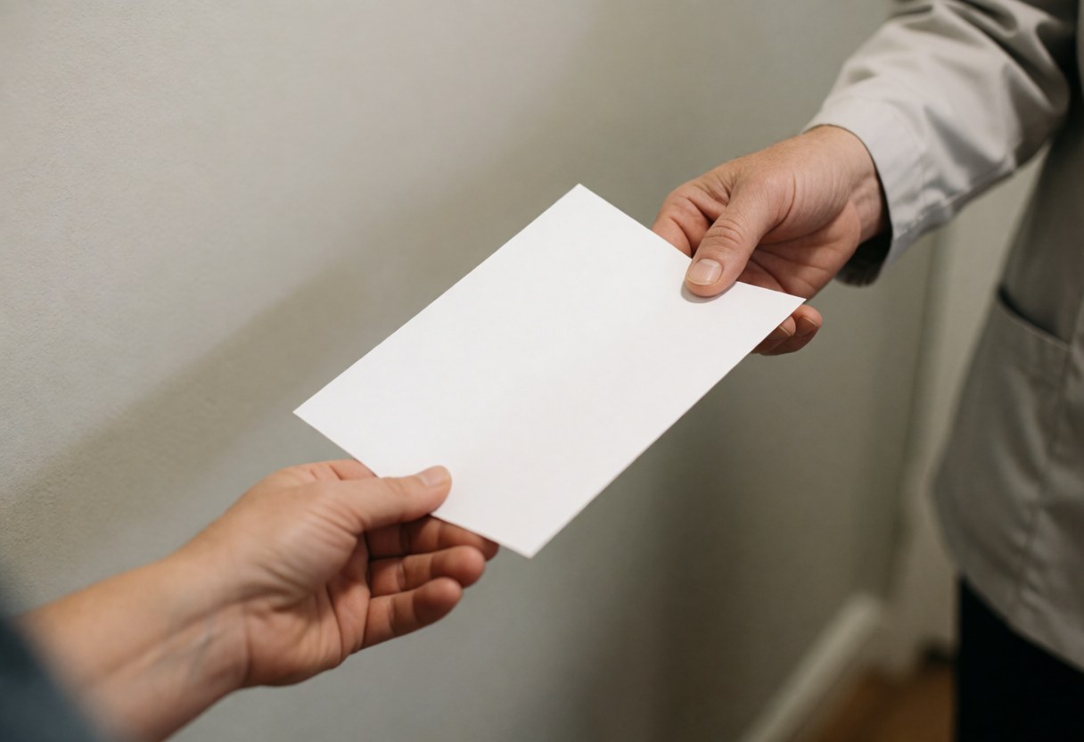Close-up of a professional in uniform handing a white invoice to a customer during an appliance repair service.