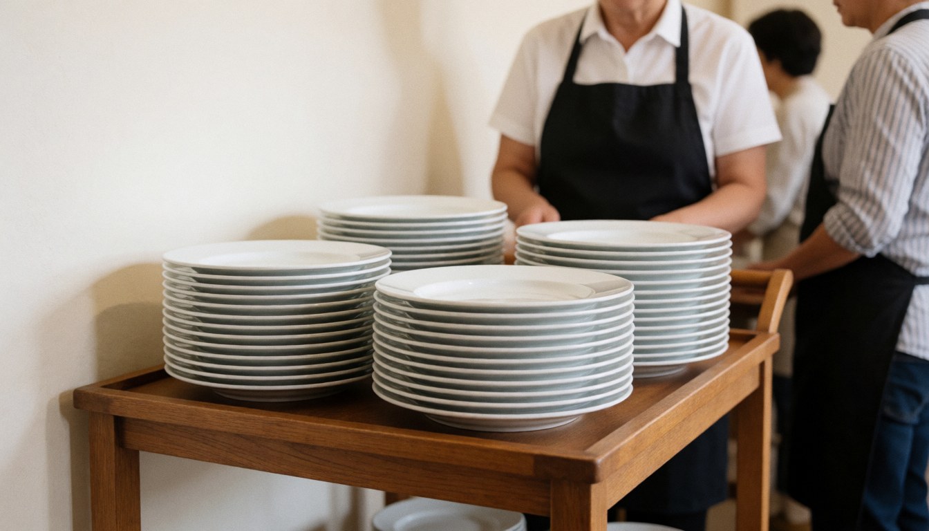 Stacked white ceramic plates on a wooden service cart with blurred banquet staff in the background and soft natural lighting