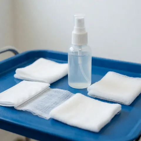 Sterile post-piercing care kit with gauze pads and spray on a blue tray, ideal for clinics or procedure rooms