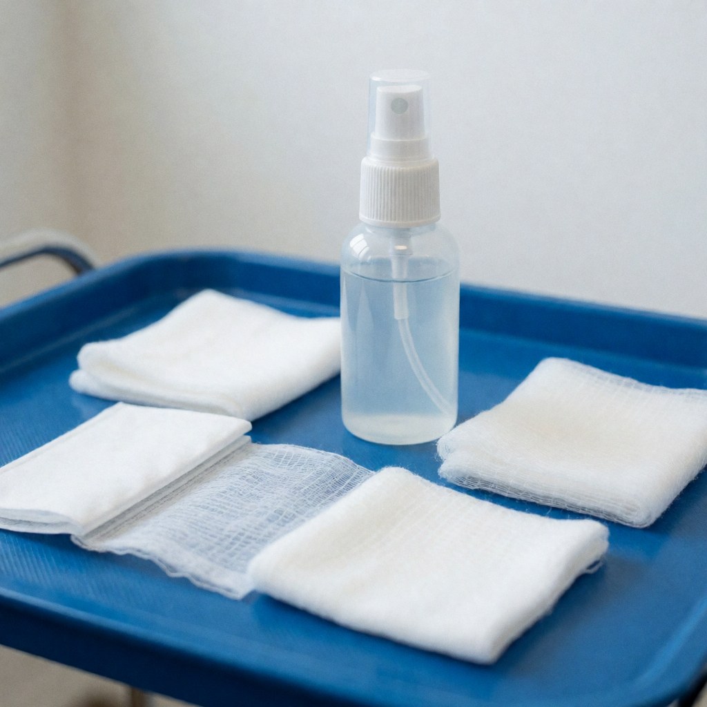 Sterile post-piercing care kit with gauze pads and spray on a blue tray, ideal for clinics or procedure rooms
