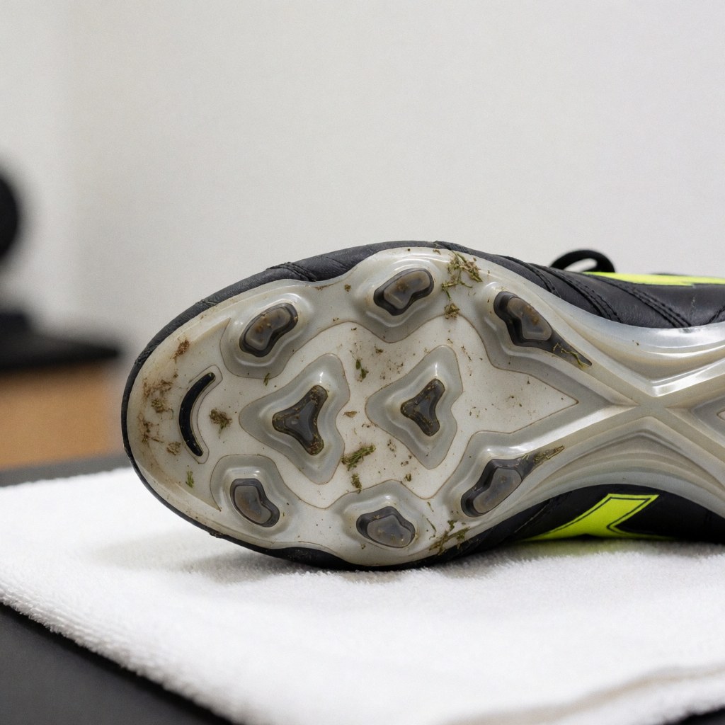 A muddy soccer cleat resting on a clean white towel, symbolizing sports recovery and athletic care.