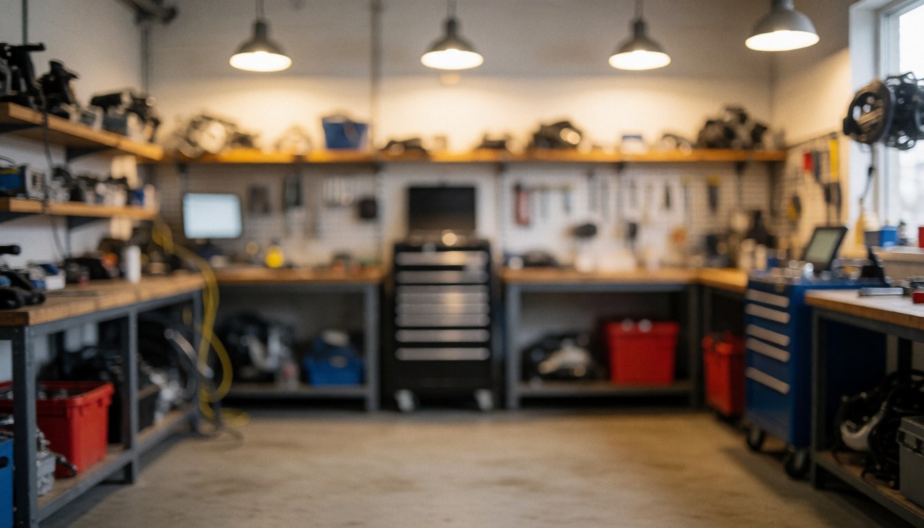 Out-of-focus background of an appliance repair shop featuring shelves, work tables, tools, warm lighting, and a concrete floor.