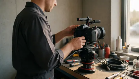 Professional videographer adjusting a cinema camera in a workshop with tools and natural light, showing his work equipment.