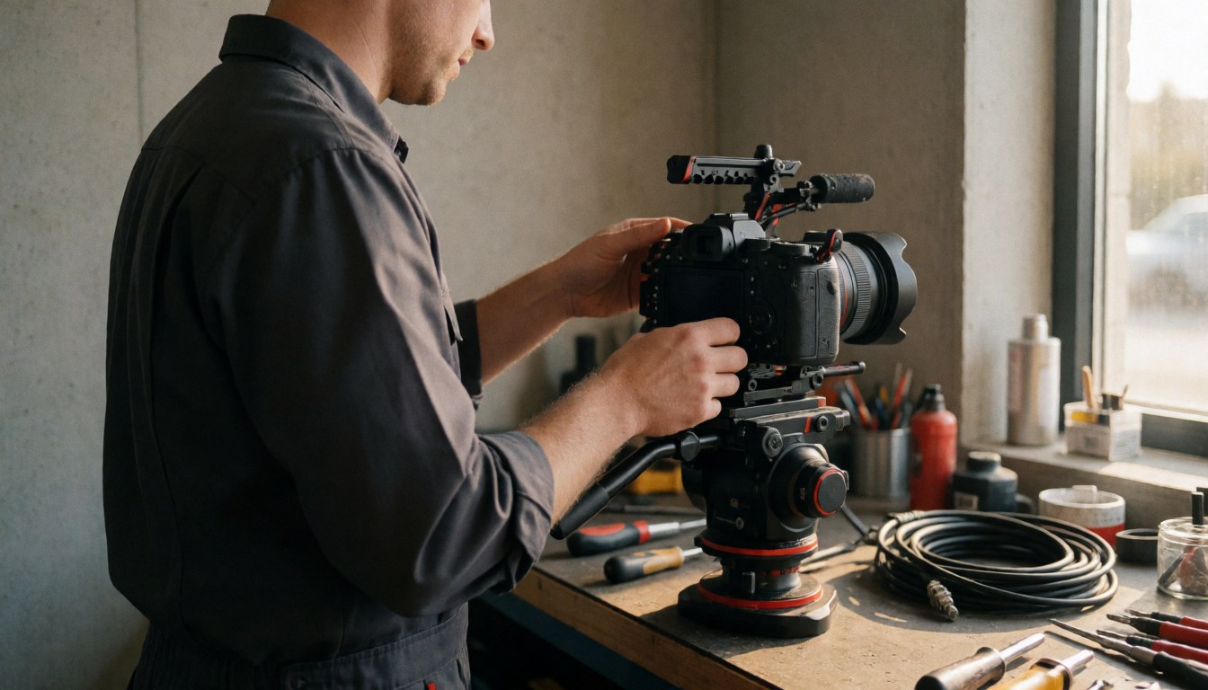 Professional videographer adjusting a cinema camera in a workshop with tools and natural light, showing his work equipment.