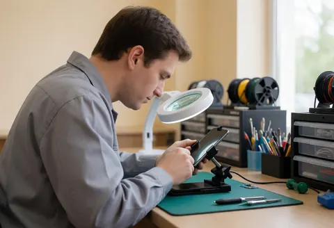 Close-up of a technician examining a smartphone display using a magnifying glass in a well-lit repair workshop with organized tools.