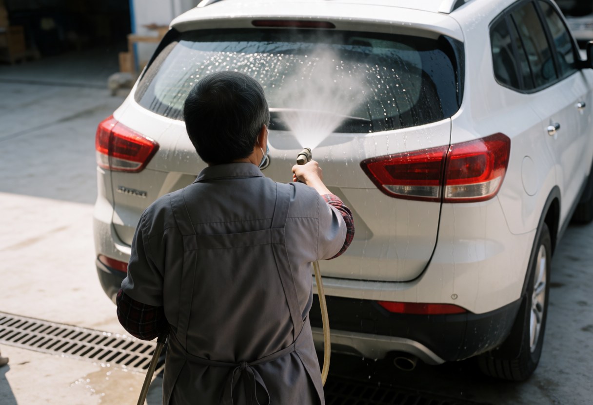 A worker sprays water from a hose onto the rear window of a white SUV on a concrete surface with drainage grates.
